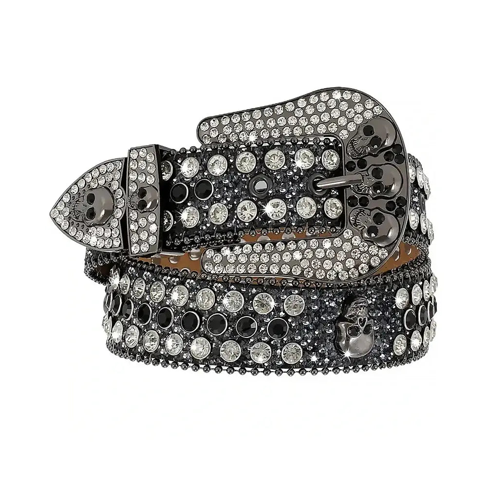 Black Skull Buckle With Black & Crystal Shiny Rhinestone Belt - Rhinestone Belt Store - Flyclothing LLC