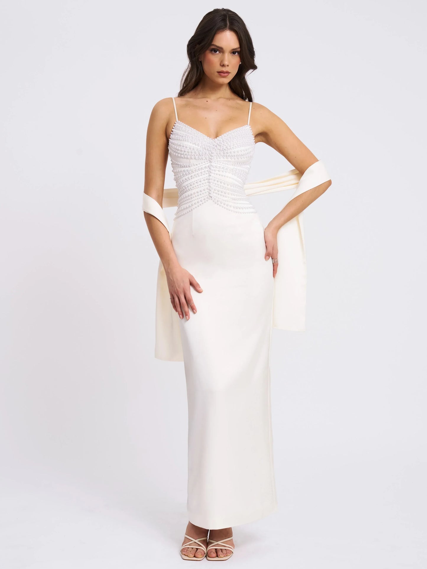 Karmen Pearl Top Pencil Slip Gown with Scarf - Miss Circle - Flyclothing LLC