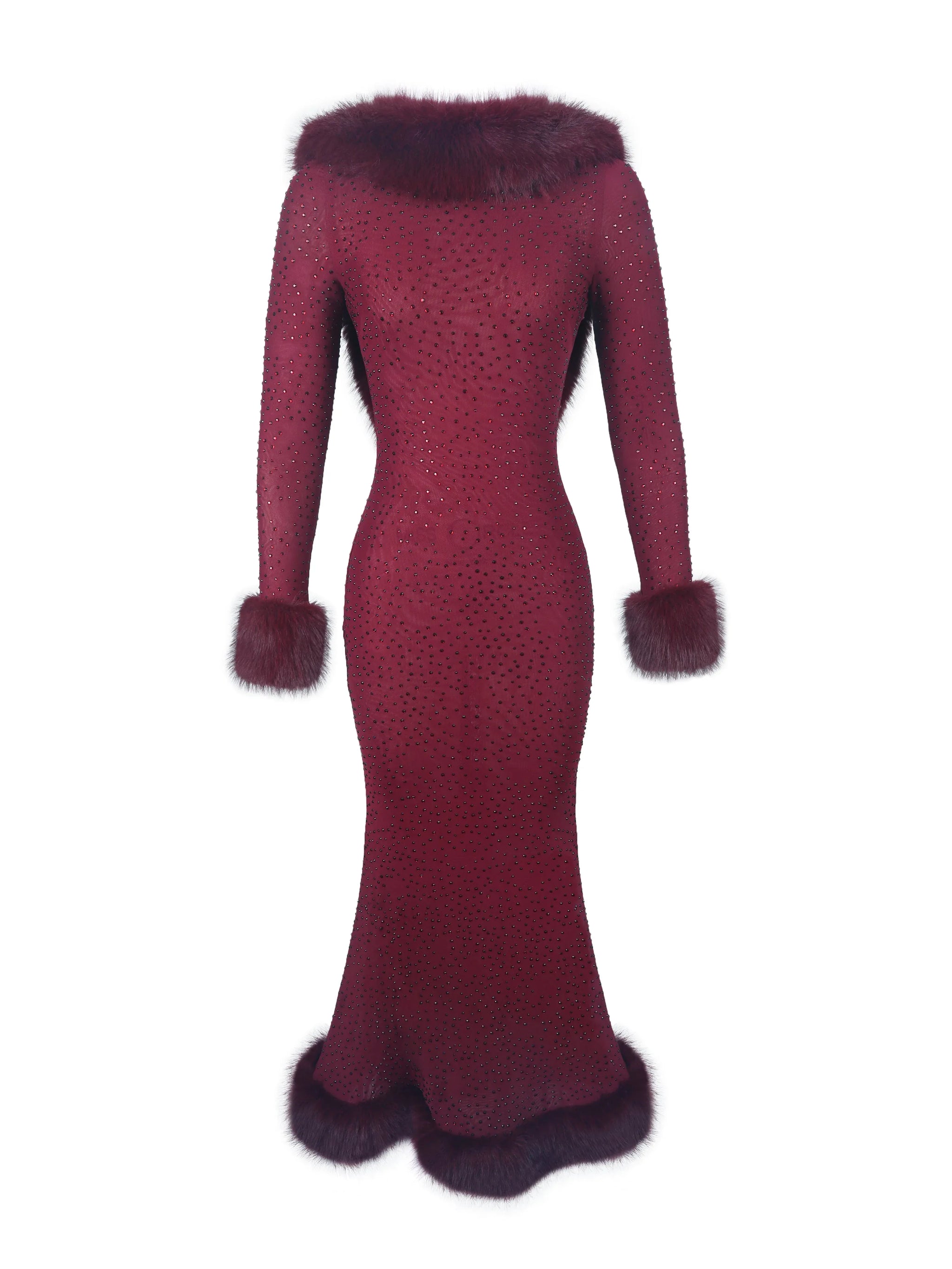 Mellie Burgundy Regular-Length Rhinestone Mesh Low Back Mermaid Gown - Miss Circle - Flyclothing LLC