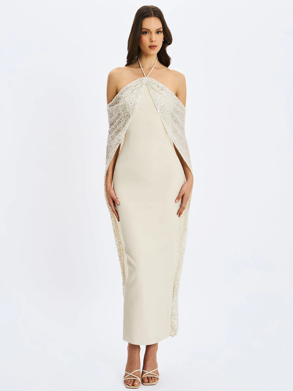 Quimera Almond Beaded Cape Halter Off-Shoulder Maxi Gown - Miss Circle - Flyclothing LLC