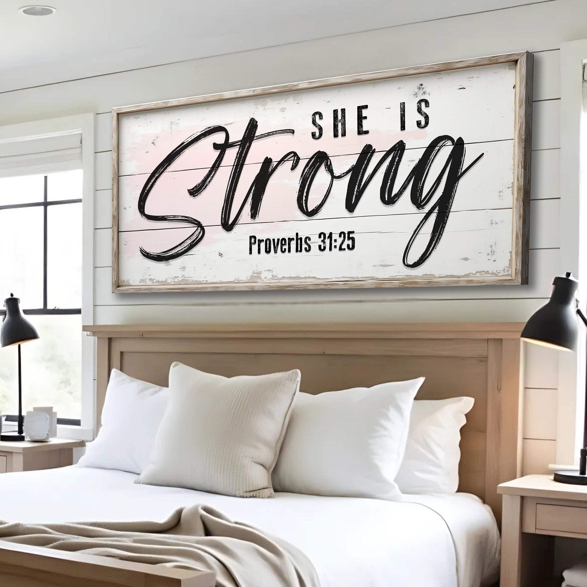 She Is Strong Proverbs 31:25 Faith Sign - Tailored Canvases - Flyclothing LLC