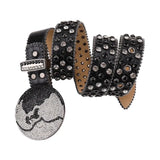 Black Strap Earth World Buckle Belt With Silver & Black Studded Rhinestone - Rhinestone Belt Store - Flyclothing LLC