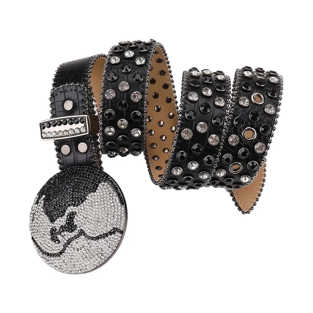 Black Strap Earth World Buckle Belt With Silver & Black Studded Rhinestone - Rhinestone Belt Store - Flyclothing LLC