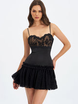 Umra Black Contrast Lace Sweetheart Gathered Mini Dress
