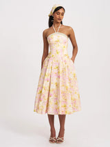 Zaina Yellow Pink Floral Print Lace Trim Linen Midi Dress - Miss Circle - Flyclothing LLC