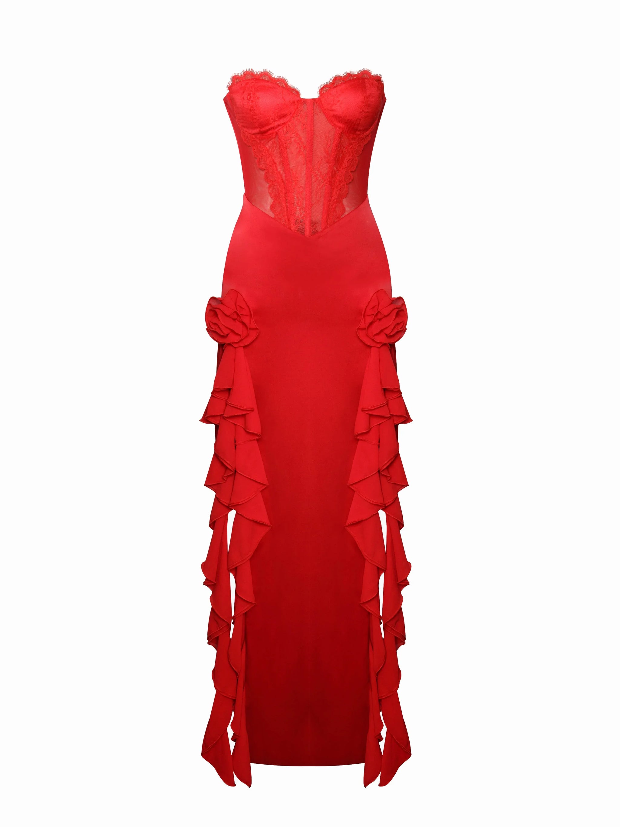 Talia Red Satin Lace Corset Maxi Dress - Miss Circle - Flyclothing LLC