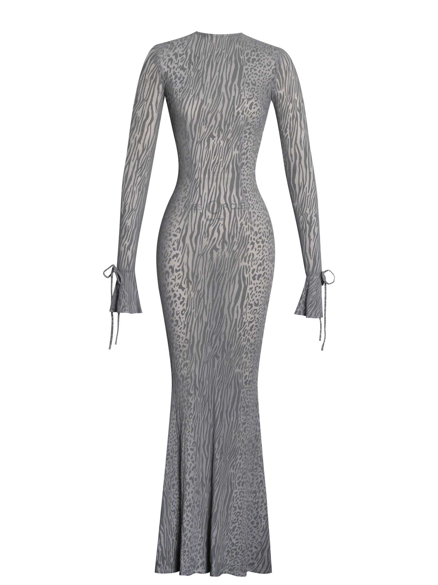 Waylynn Gray Animal Print Burnout Velvet Detail Mesh Backless Maxi Dress
