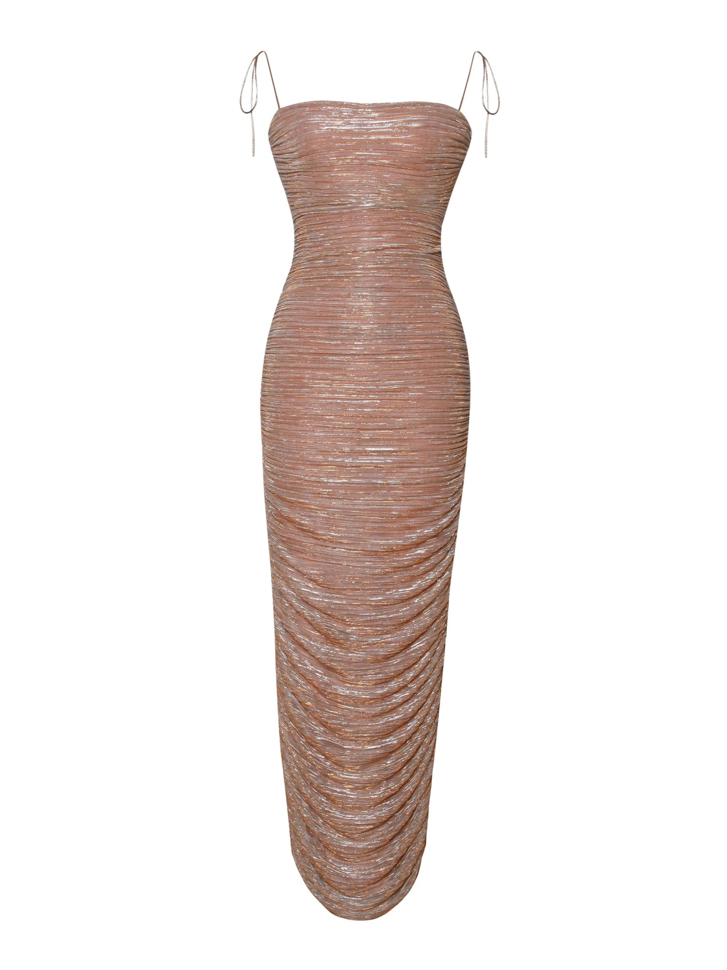 The Glint Rose Gold Ruched Chiffon Long Maxi Dress - Miss Circle - Flyclothing LLC