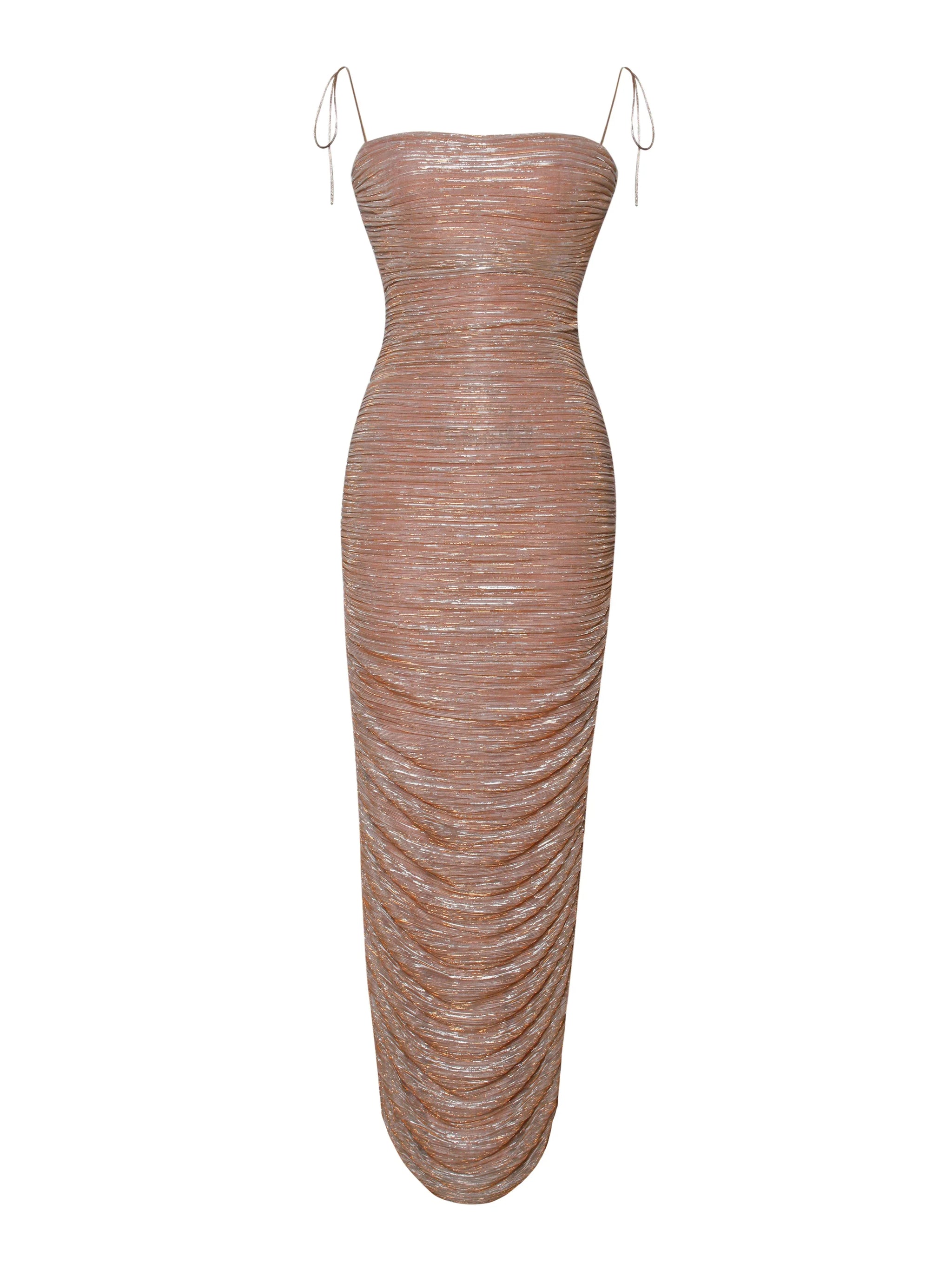 The Glint Rose Gold Ruched Chiffon Long Maxi Dress - Miss Circle - Flyclothing LLC