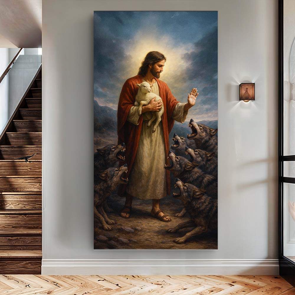Jesus Protects The Lamb From Wolves Faith Wall Art V - Tailored Canvases - Flyclothing LLC