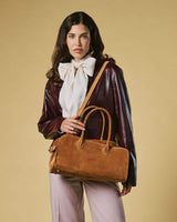 Chiara (cognac) - Italian calf suede women's handbag (with shoulder strap)