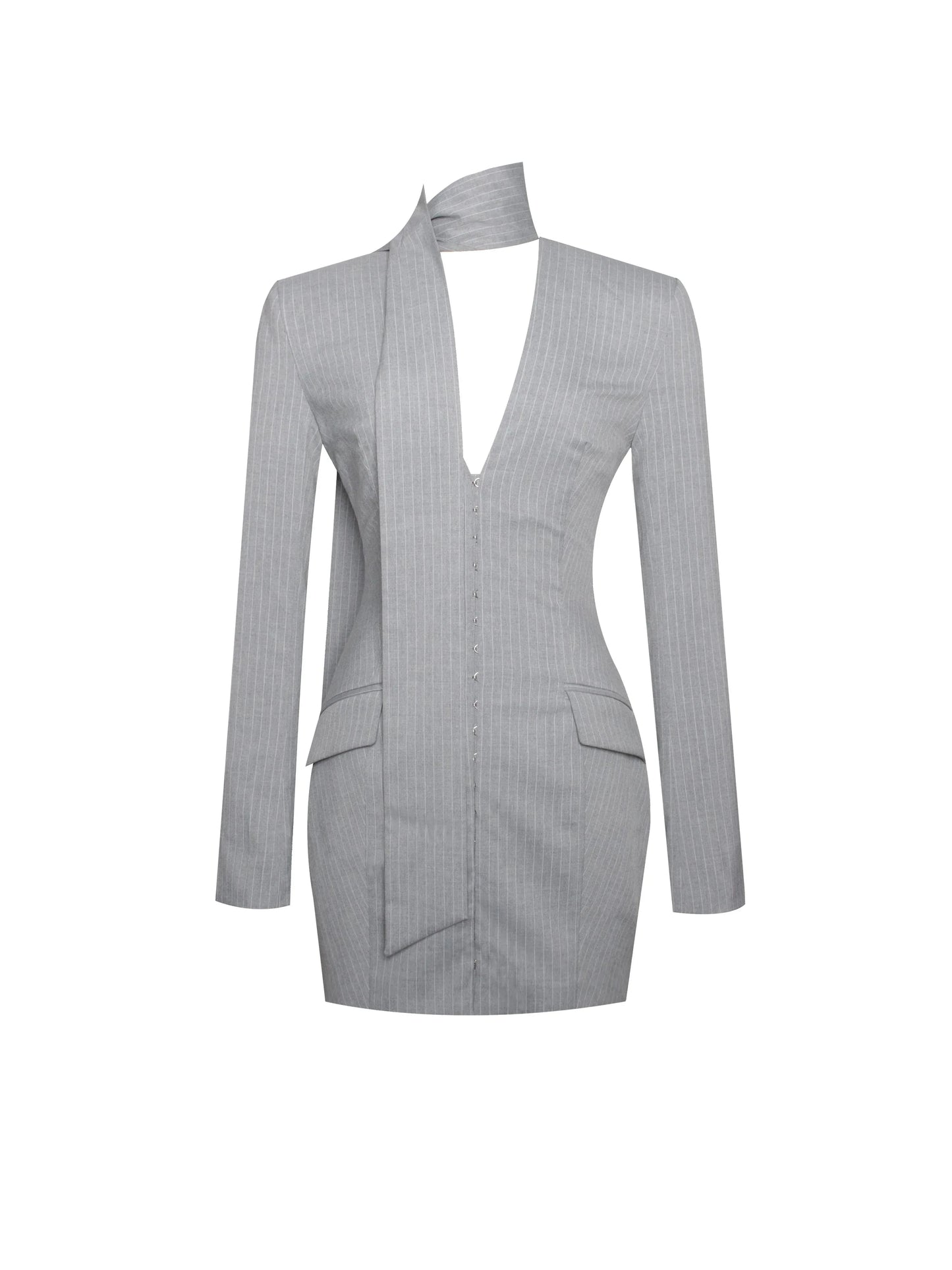Tahlia Deep V Pinstripes Gray Blazer Dress with scarf collar - Miss Circle - Flyclothing LLC