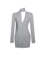 Tahlia Deep V Pinstripes Gray Blazer Dress with scarf collar - Miss Circle - Flyclothing LLC