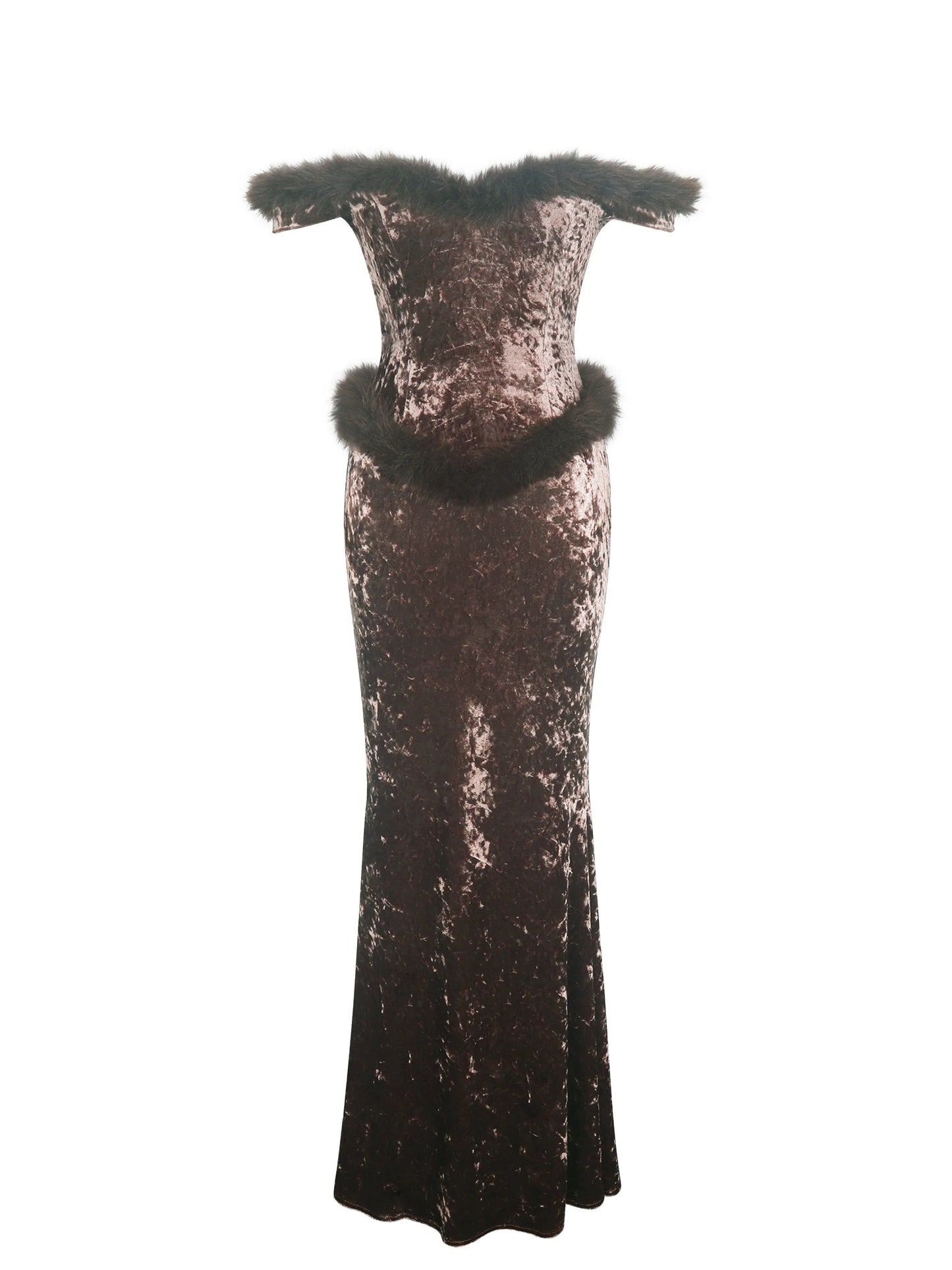 Tessa Coffee Sweetheart Bardot Faux Fur Velvet Mermaid Maxi Dress - Miss Circle - Flyclothing LLC