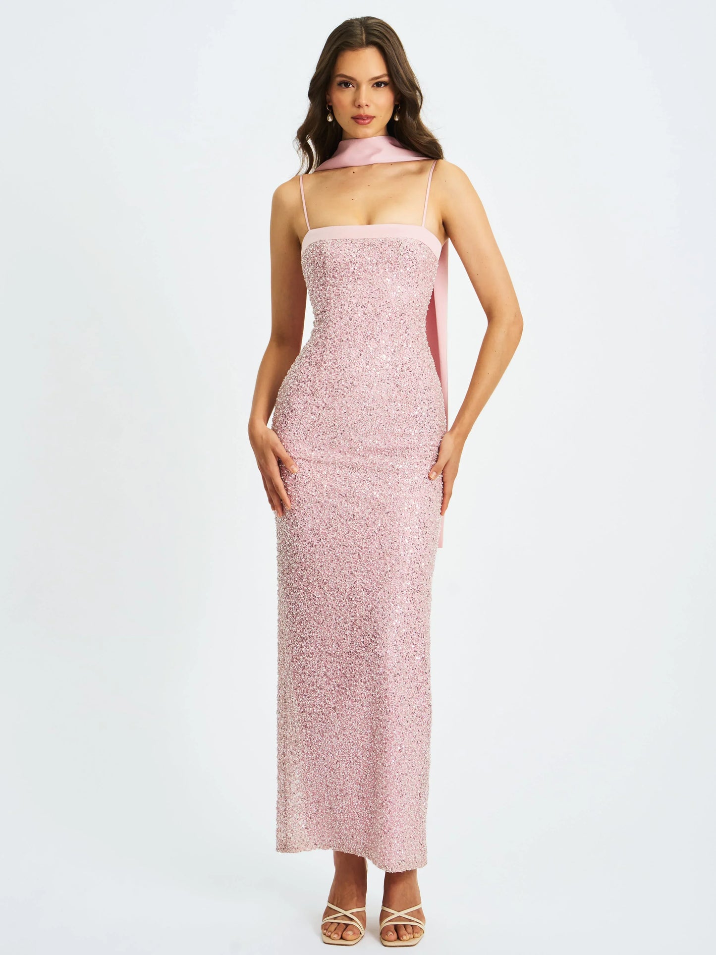 Raizel Pink Beaded Sequin Bodycon Gown with Scarf - Miss Circle - Flyclothing LLC