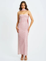 Raizel Pink Beaded Sequin Bodycon Gown with Scarf - Miss Circle - Flyclothing LLC