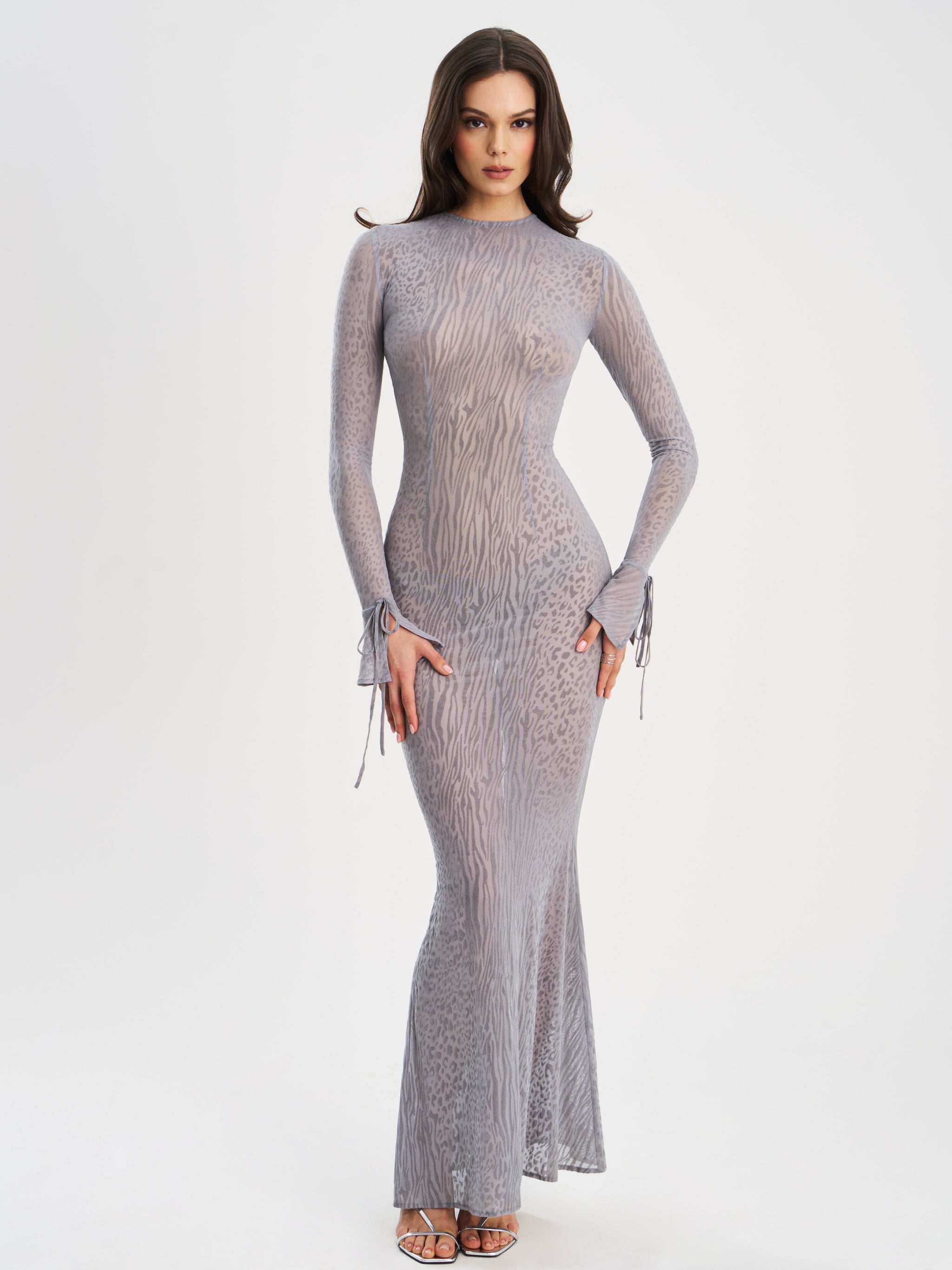 Waylynn Gray Animal Print Burnout Velvet Detail Mesh Backless Maxi Dress