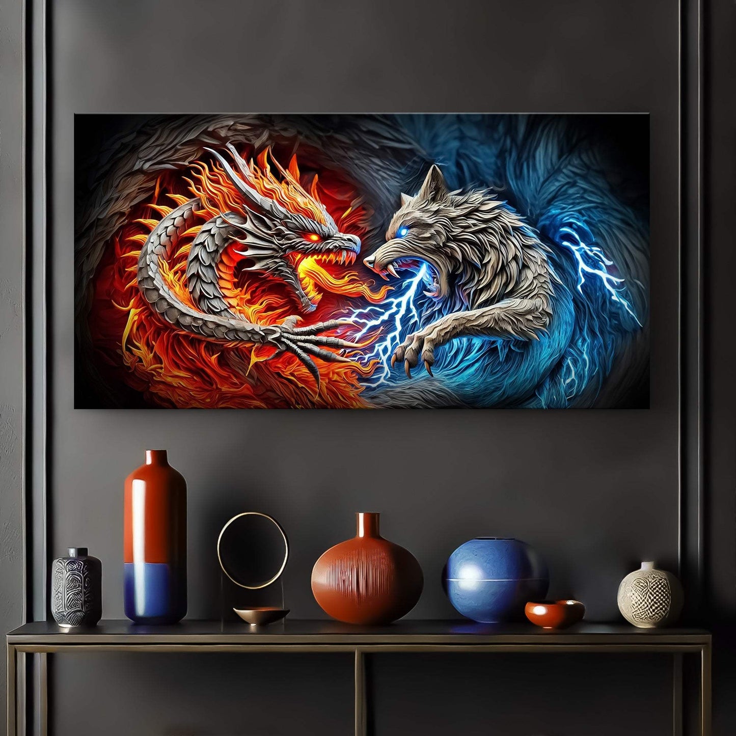 3D Dragon and Wolf Wall Art II - Tailored Canvases - Flyclothing LLC