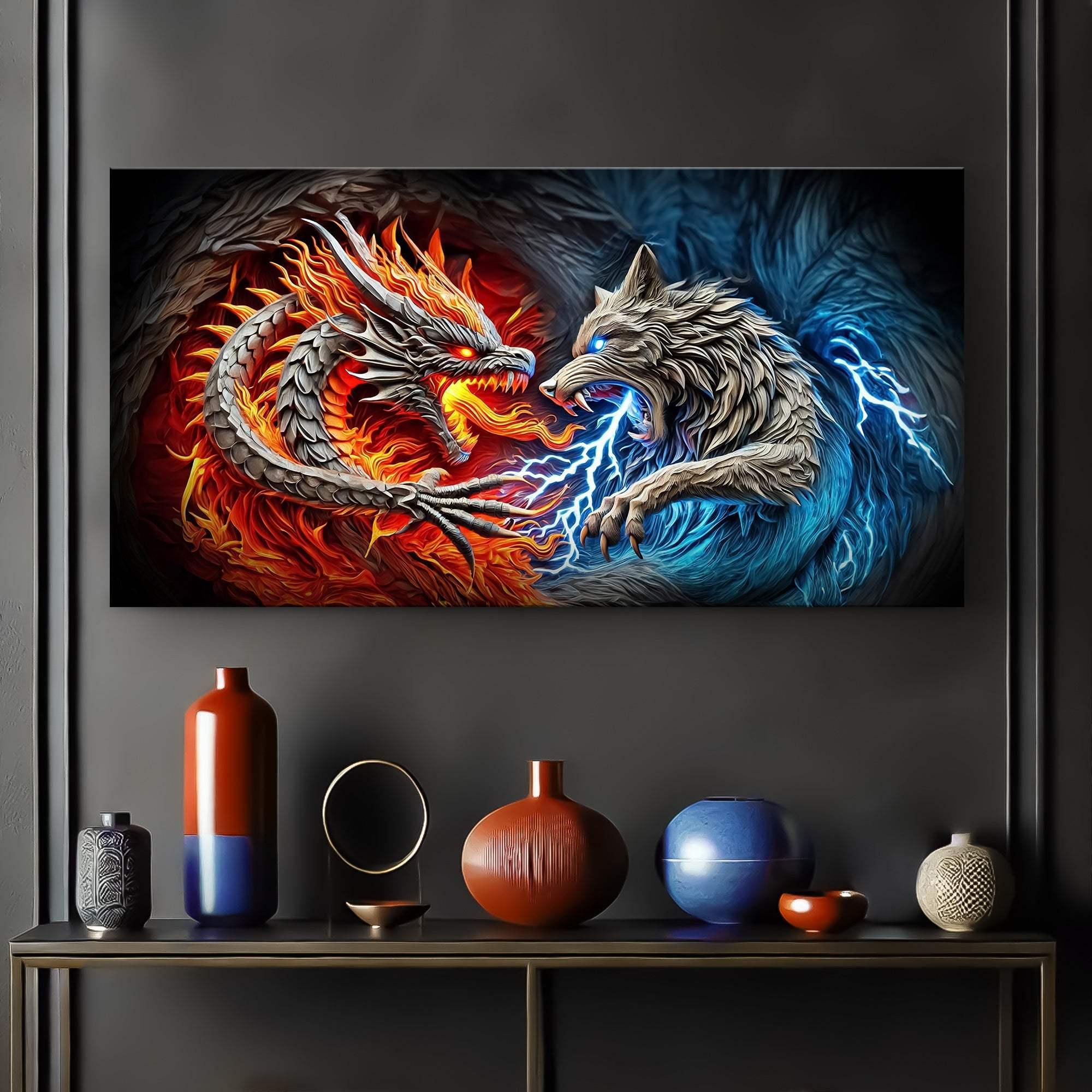 3D Dragon and Wolf Wall Art II - Tailored Canvases - Flyclothing LLC