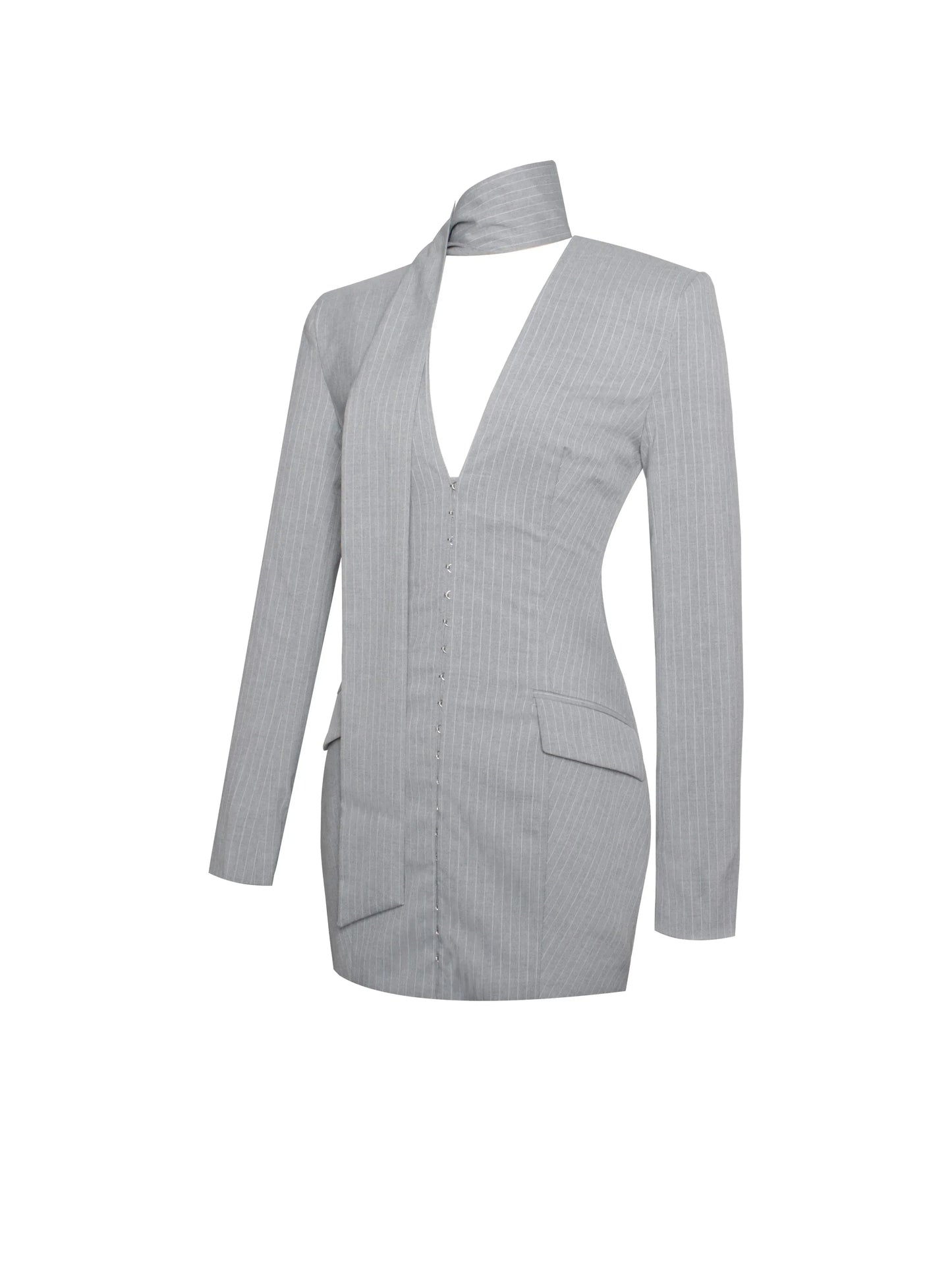 Tahlia Deep V Pinstripes Gray Blazer Dress with scarf collar - Miss Circle - Flyclothing LLC