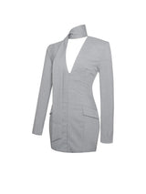 Tahlia Deep V Pinstripes Gray Blazer Dress with scarf collar - Miss Circle - Flyclothing LLC
