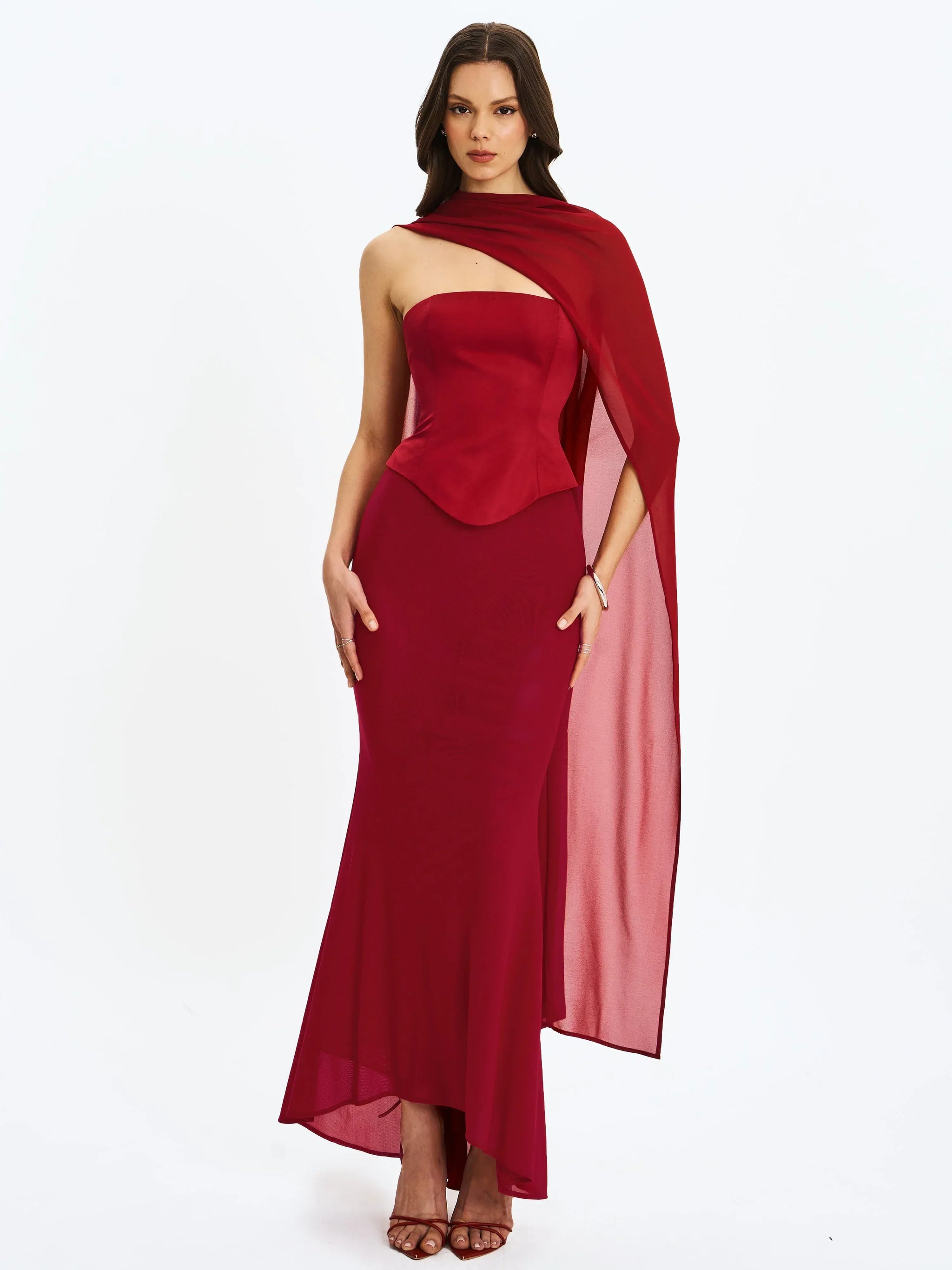 Giselle Crimson Peplum Mermaid Gown with Chiffon Scarf - Miss Circle - Flyclothing LLC