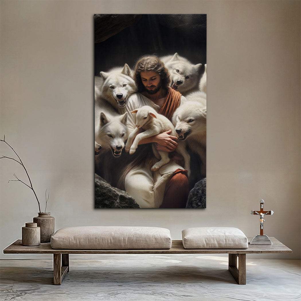 Jesus Protects The Lamb From Wolves Faith Wall Art - Tailored Canvases - Flyclothing LLC