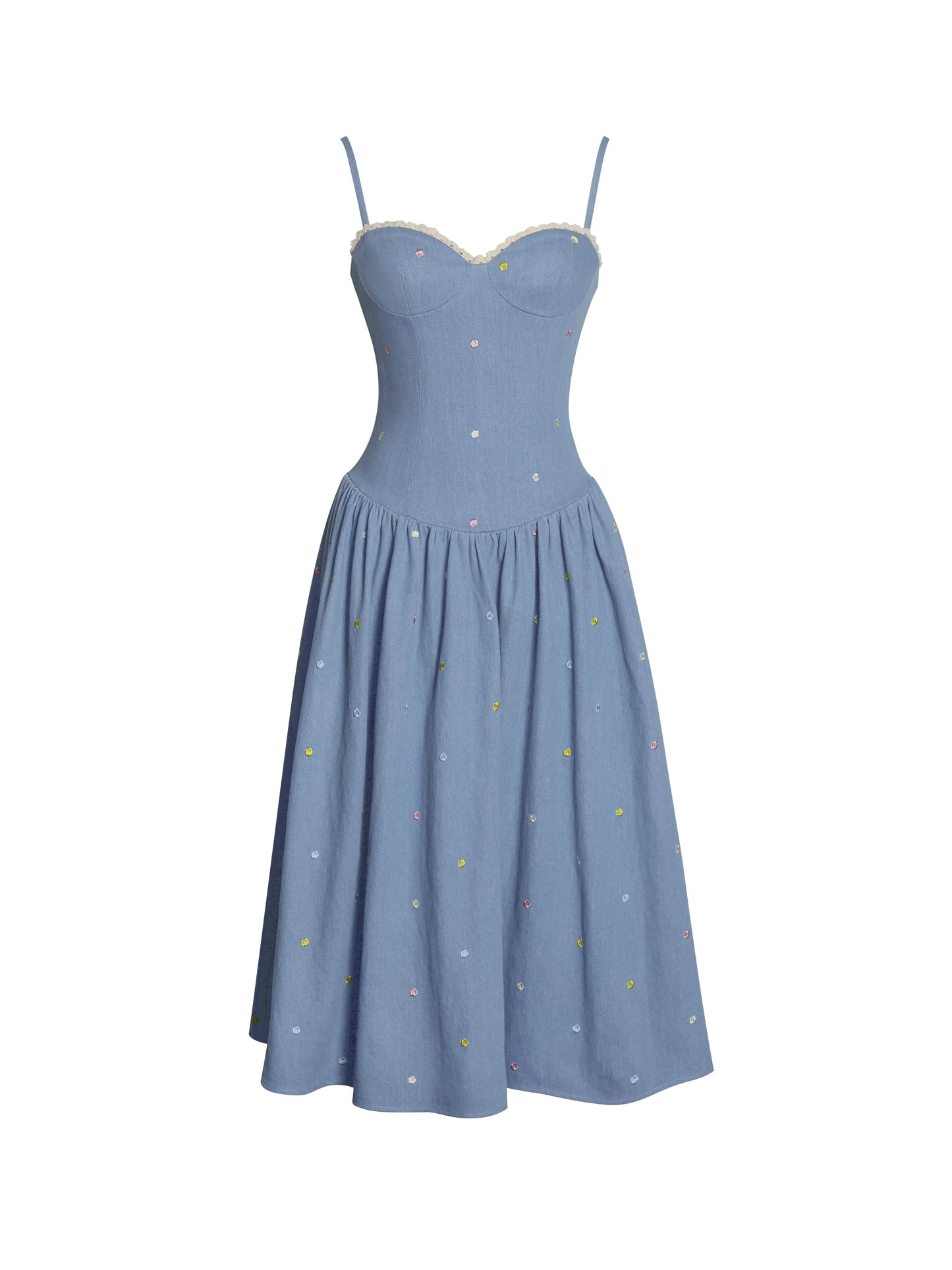 Zadie Cotton Denim Drop Waist Embroidery Flower Midi Dress - Miss Circle - Flyclothing LLC