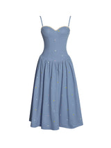 Zadie Cotton Denim Drop Waist Embroidery Flower Midi Dress - Miss Circle - Flyclothing LLC