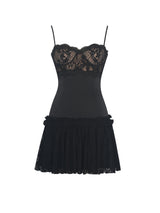 Umra Black Contrast Lace Sweetheart Gathered Mini Dress