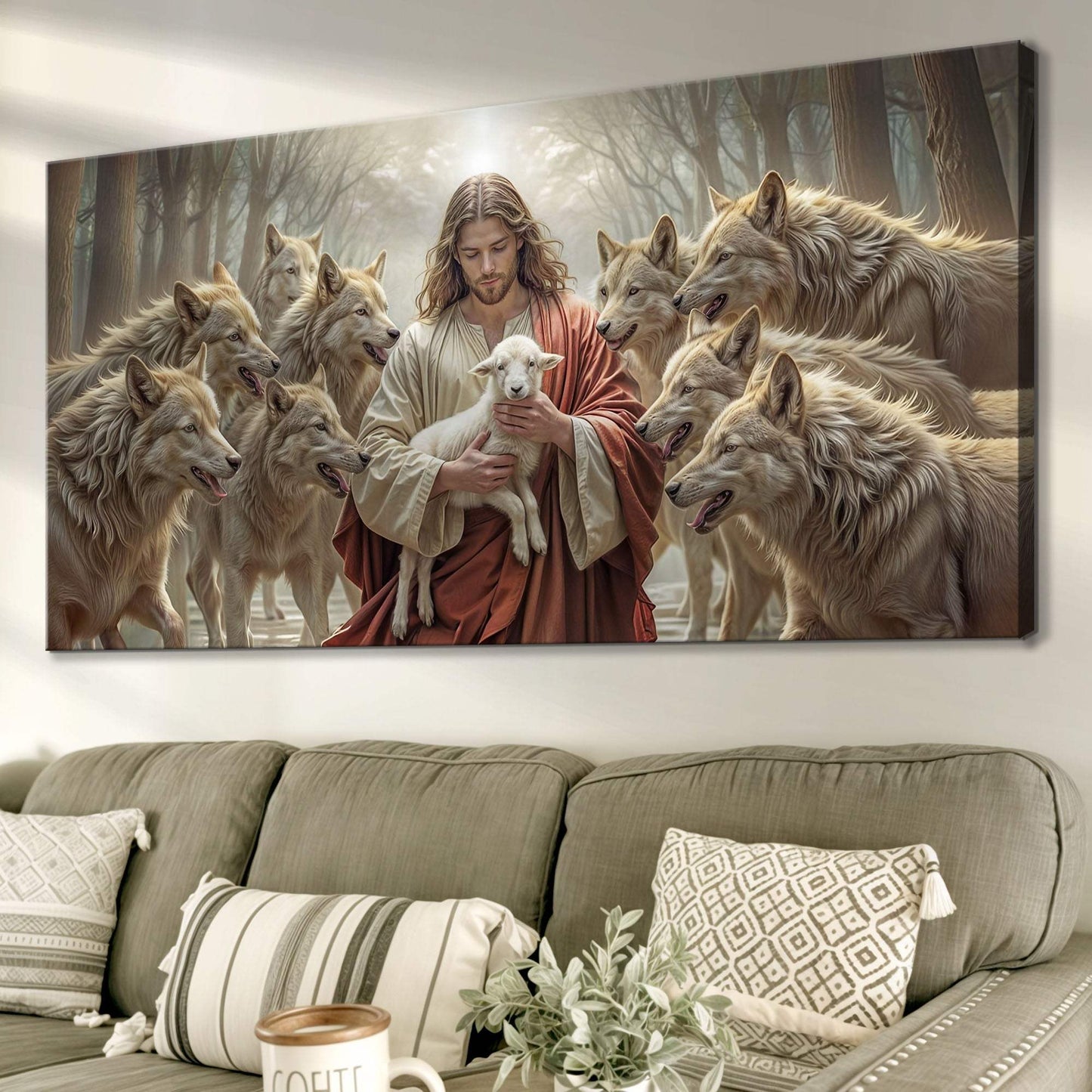 Jesus Protects The Lamb From Wolves Faith Wall Art II - Tailored Canvases - Flyclothing LLC