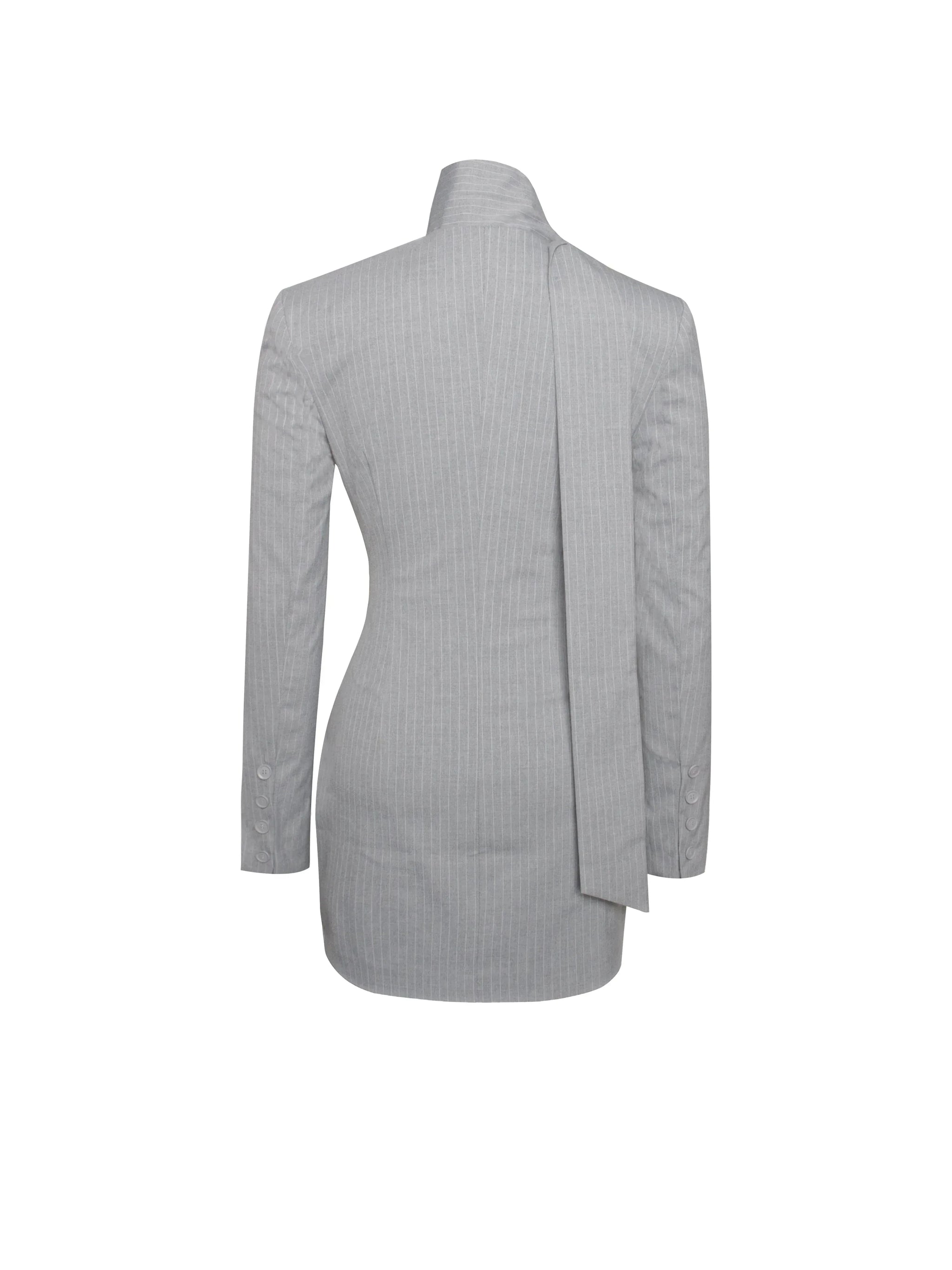 Tahlia Deep V Pinstripes Gray Blazer Dress with scarf collar - Miss Circle - Flyclothing LLC