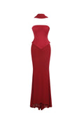 Giselle Crimson Peplum Mermaid Gown with Chiffon Scarf - Miss Circle - Flyclothing LLC