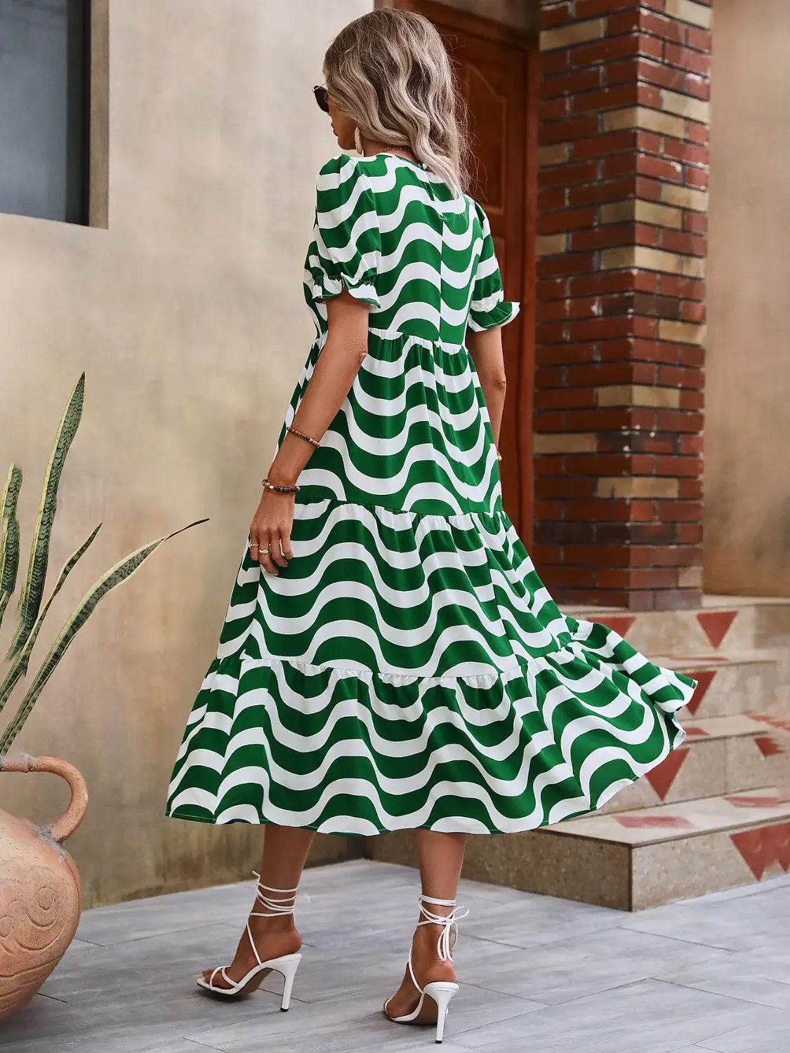 Wavy Striped Round Neck Short Sleeve Dress - Trendsi - Flyclothing LLC