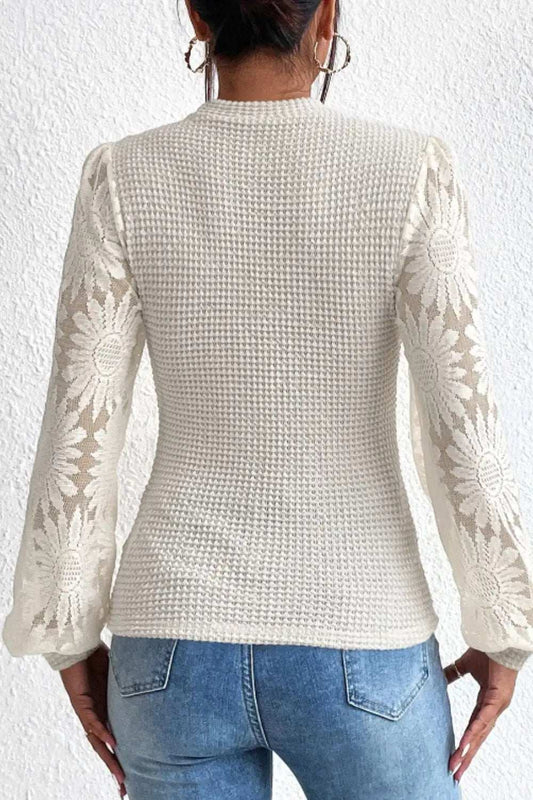 Mock Neck Lace Long Sleeve Top - Trendsi - Flyclothing LLC