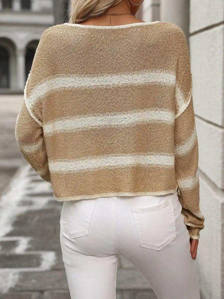 Striped Round Neck Long Sleeve Sweater - Trendsi - Flyclothing LLC
