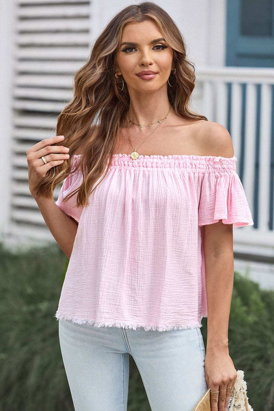 Off-Shoulder Short Sleeve Blouse - Trendsi - Flyclothing LLC