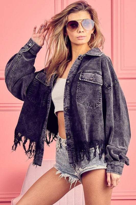 BiBi Fringe Hem Washed Corduroy Button Down Shacket - Trendsi - Flyclothing LLC