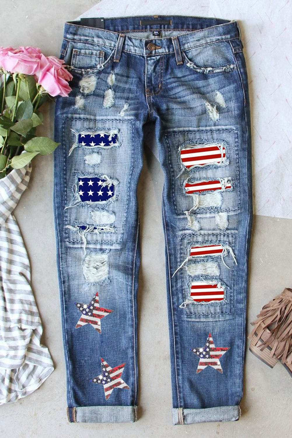US Flag Mid-Rise Waist Straight Jeans - Trendsi - Flyclothing LLC