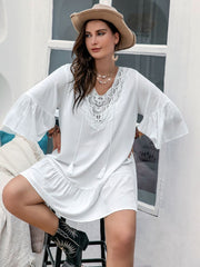 Plus Size Lace Detail Tie Neck Three-Quarter Sleeve Mini Dress - Trendsi