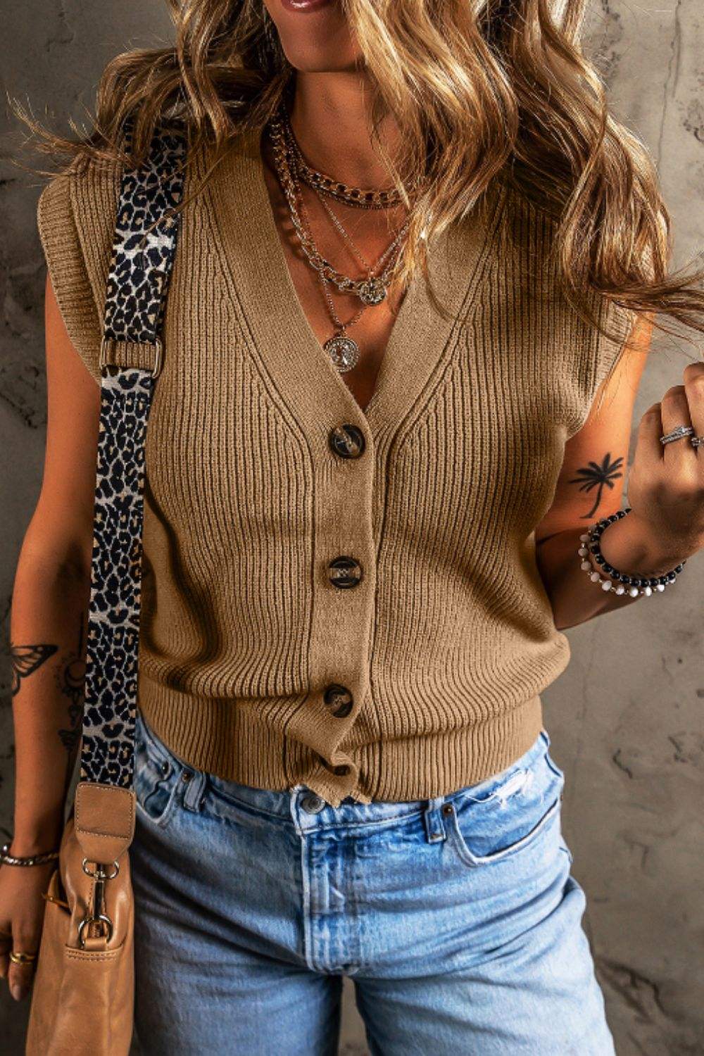 Button Up V-Neck Sweater Vest - Trendsi - Flyclothing LLC