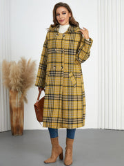 Plaid Double-Breasted Long Sleeve Longline Coat - Trendsi