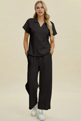 Double Take Full Size Collared Neck Short Sleeve Top and Pants Set - Trendsi - Flyclothing LLC