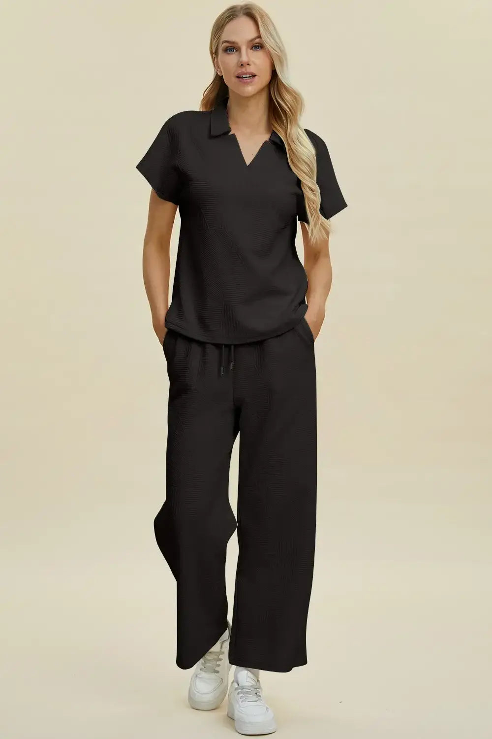 Double Take Full Size Collared Neck Short Sleeve Top and Pants Set - Trendsi - Flyclothing LLC