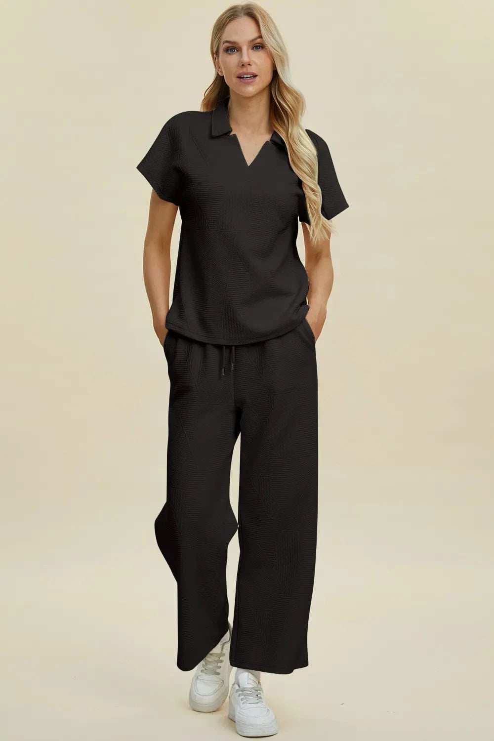 Double Take Full Size Collared Neck Short Sleeve Top and Pants Set - Trendsi - Flyclothing LLC