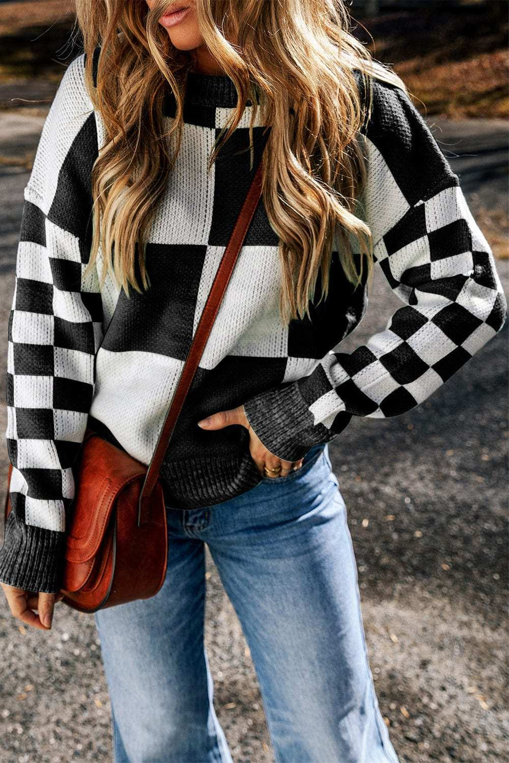 Checkered Round Neck Drop Shoulder Sweater - Trendsi - Flyclothing LLC