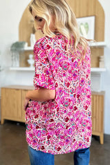 Double Take Full Size Printed V-Neck Short Sleeve Blouse - Trendsi - Flyclothing LLC