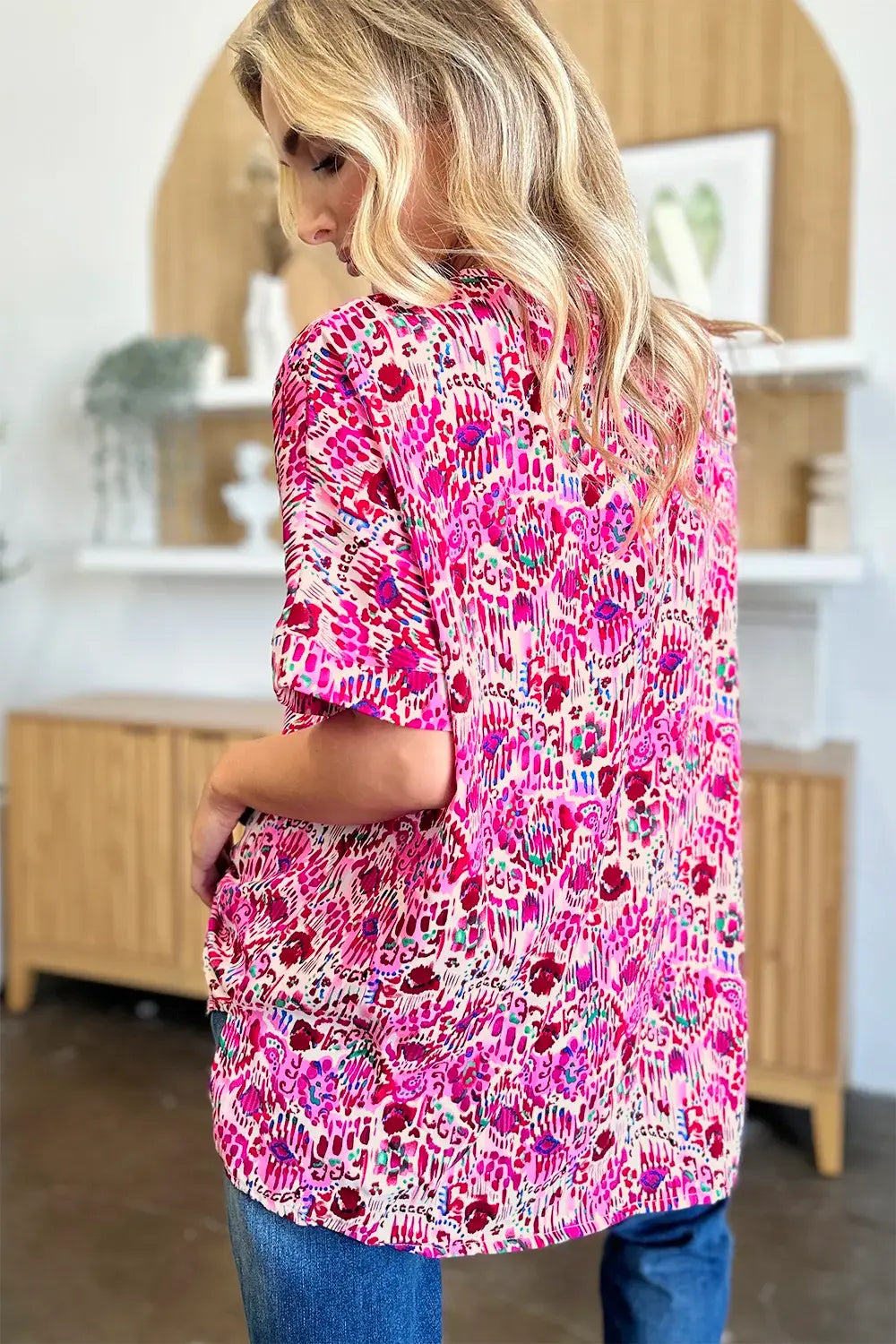 Double Take Full Size Printed V-Neck Short Sleeve Blouse - Trendsi - Flyclothing LLC