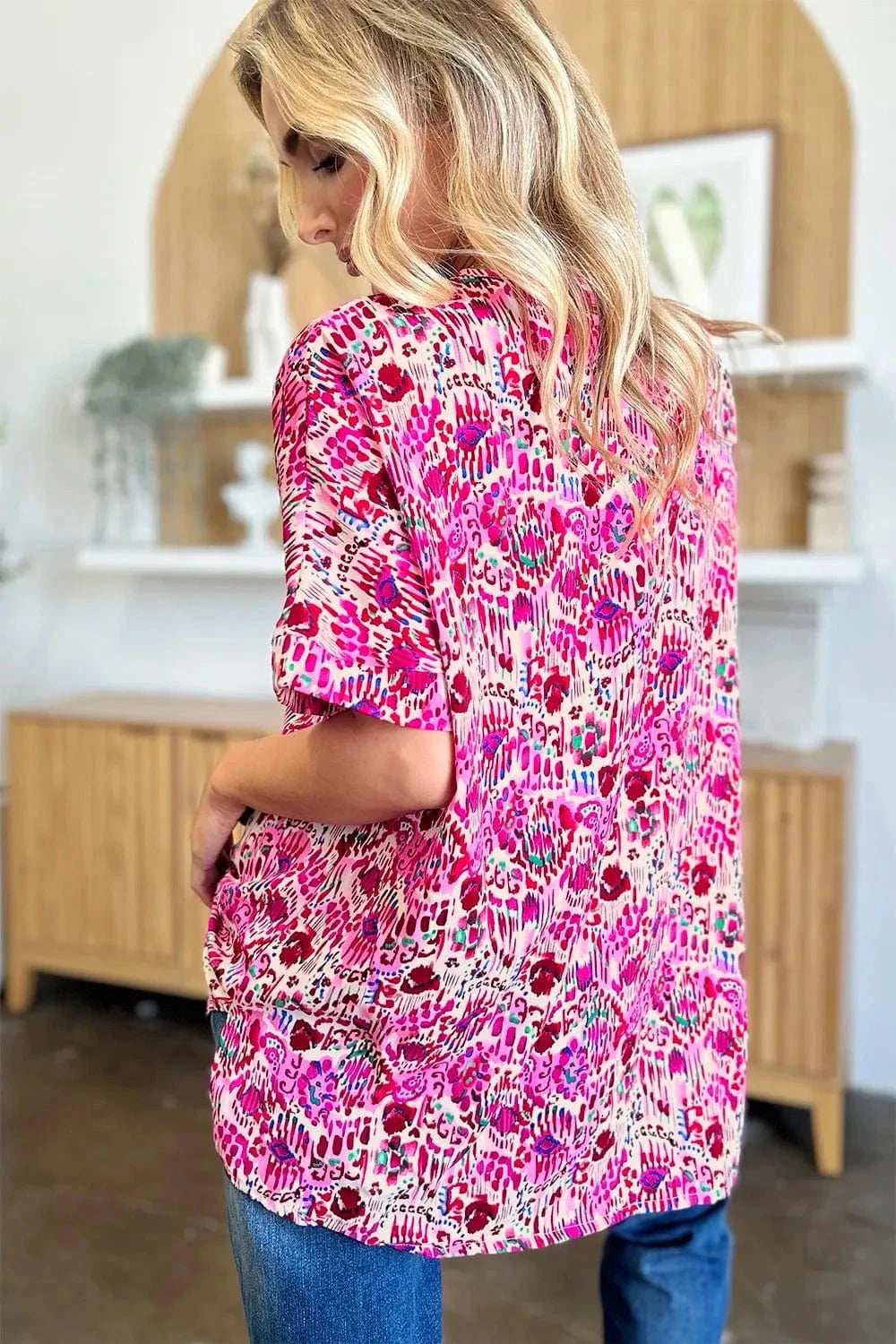 Double Take Full Size Printed V-Neck Short Sleeve Blouse - Trendsi - Flyclothing LLC