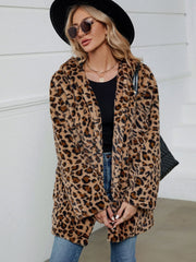 Fuzzy Leopard Hooded Long Sleeve Jacket - Trendsi